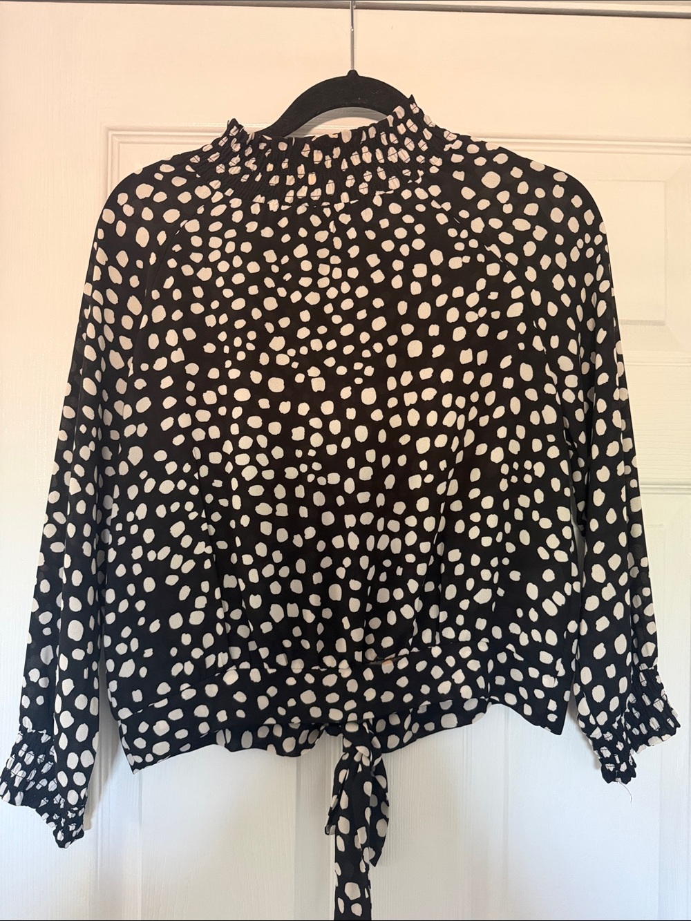 DR2 Black and White Polka Dot Tie-Hem Blouse